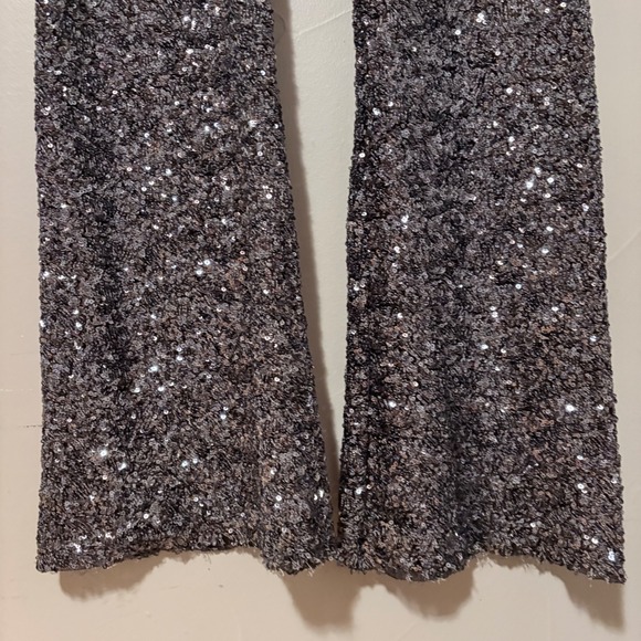 Zara Womens Dark Silver Sequin Flare Stretch Pants Sparkly Glitter Party SZ S - Picture 5 of 16